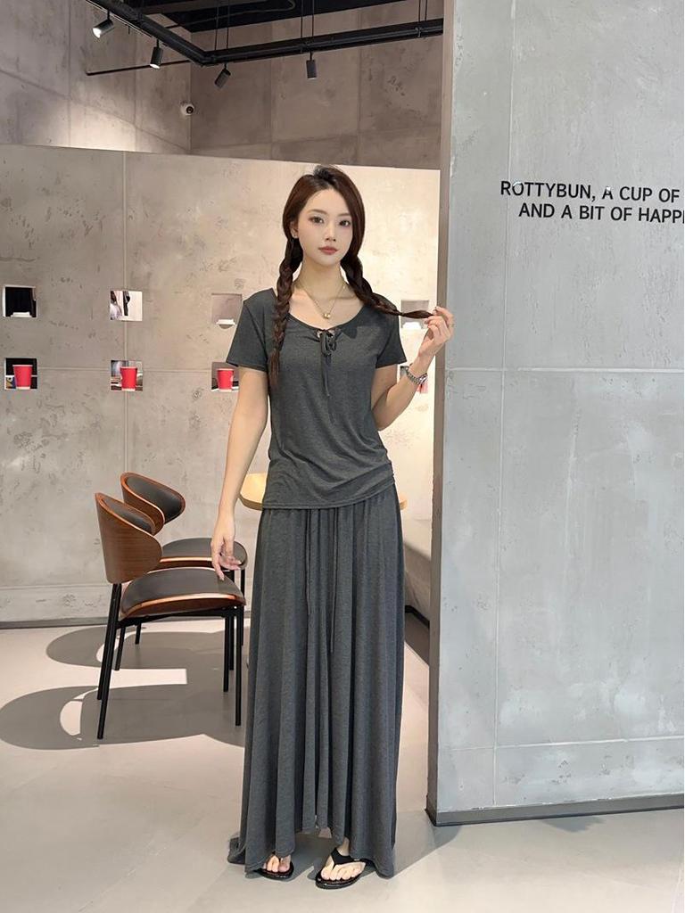 Spring & Summer Modal Tie-Up Round Neck Tee & Drawstring High Waist Long Skirt Set