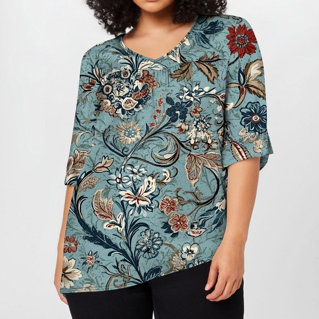 Women's Fashion Casual Retro Printed V-Neck Seven-Point Sleeve Ruffle Sleeve T-Shirt Tops Plus Size Women's