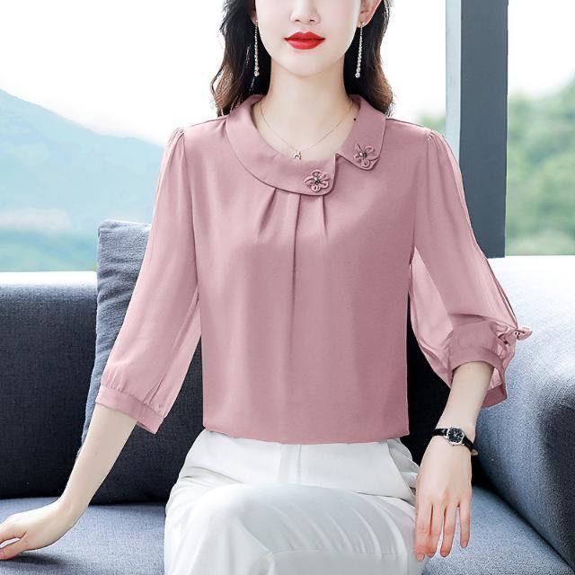 Women s Spring Summer Thin Section of Pure Colour Seven-minute Sleeve Chiffon Shirt Loose Thin Cover Belly Temperament Shirt 5XL