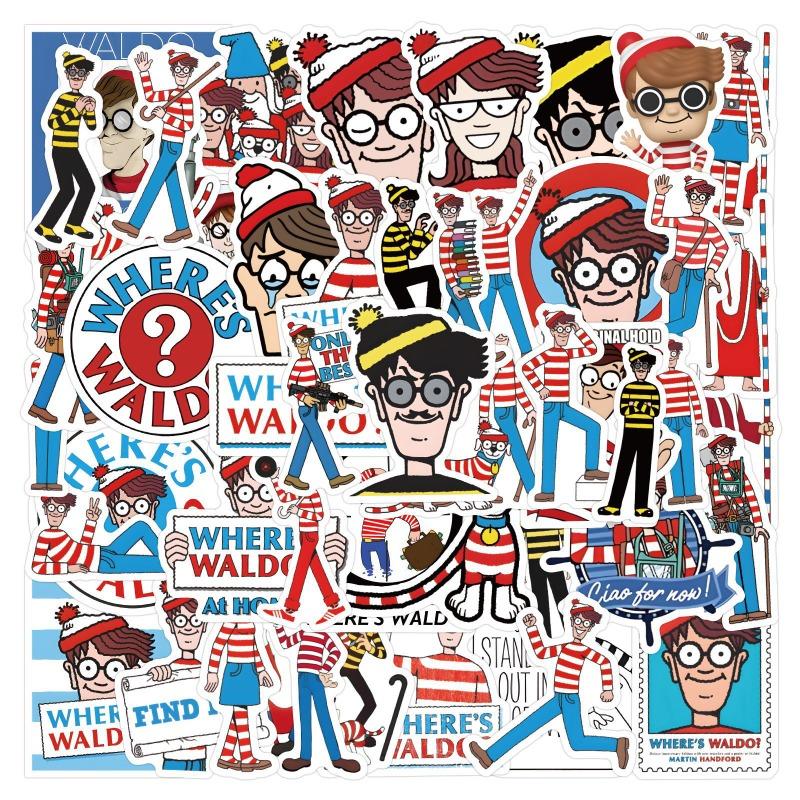 54pcs Animated Wheres Waldo Cartoon Graffiti Stickers Decals Suitcase Laptop Computer Guitar Decoration DIY Kids Classics Toy