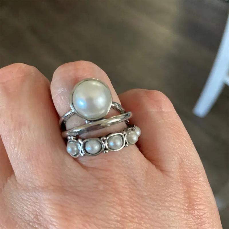 Vintage Oval Round Geometry Silver Color Imitation Pearl Adjustable Ring for Women Wedding Engagement Ring Jewelry