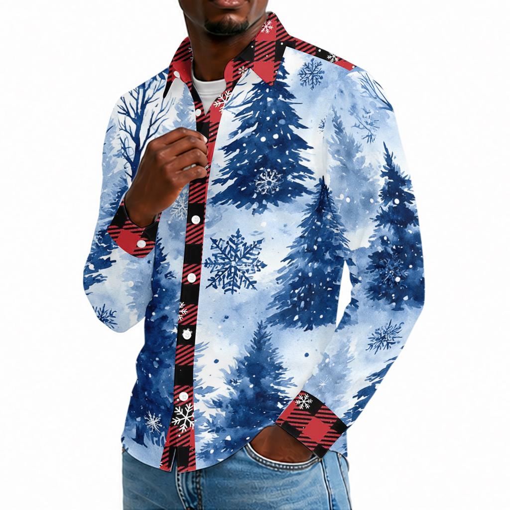 Men's Casual Long Sleeve Shirt with Christmas Print for Spring and Everyday Wear
