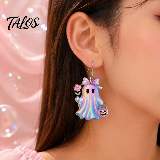 Burr-free Smooth Earrings 1 Pair Acrylic Halloween Earrings, Cute Pink Ghost Dangle Curved Hook Drop Holiday Costume Jewelry for Women Bow Detail