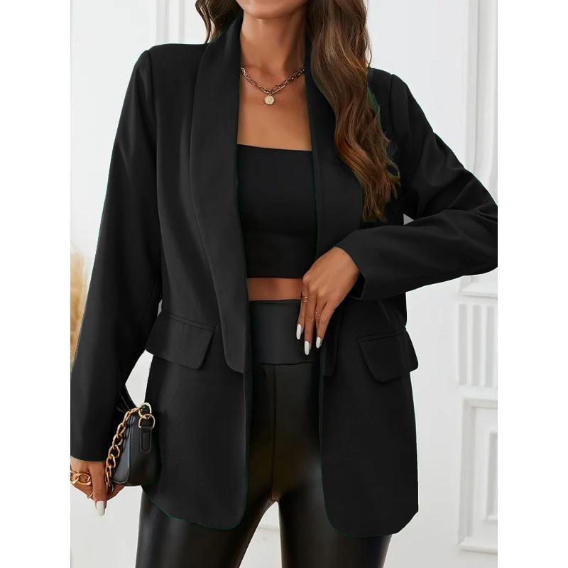 

YYFS Женская мода повседневная однотонная принтованная куртка и пальто с длинным рукавом и воротником-поло на осень-зиму L чёрный