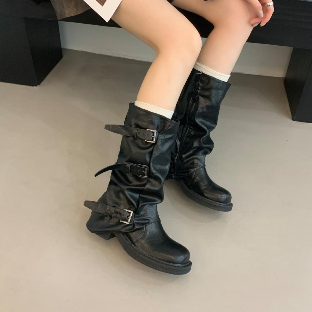 Thick-soled washed leather trousers Martin boots women's 2025 new belt buckle medium tube stack boots retro western cowboy boots