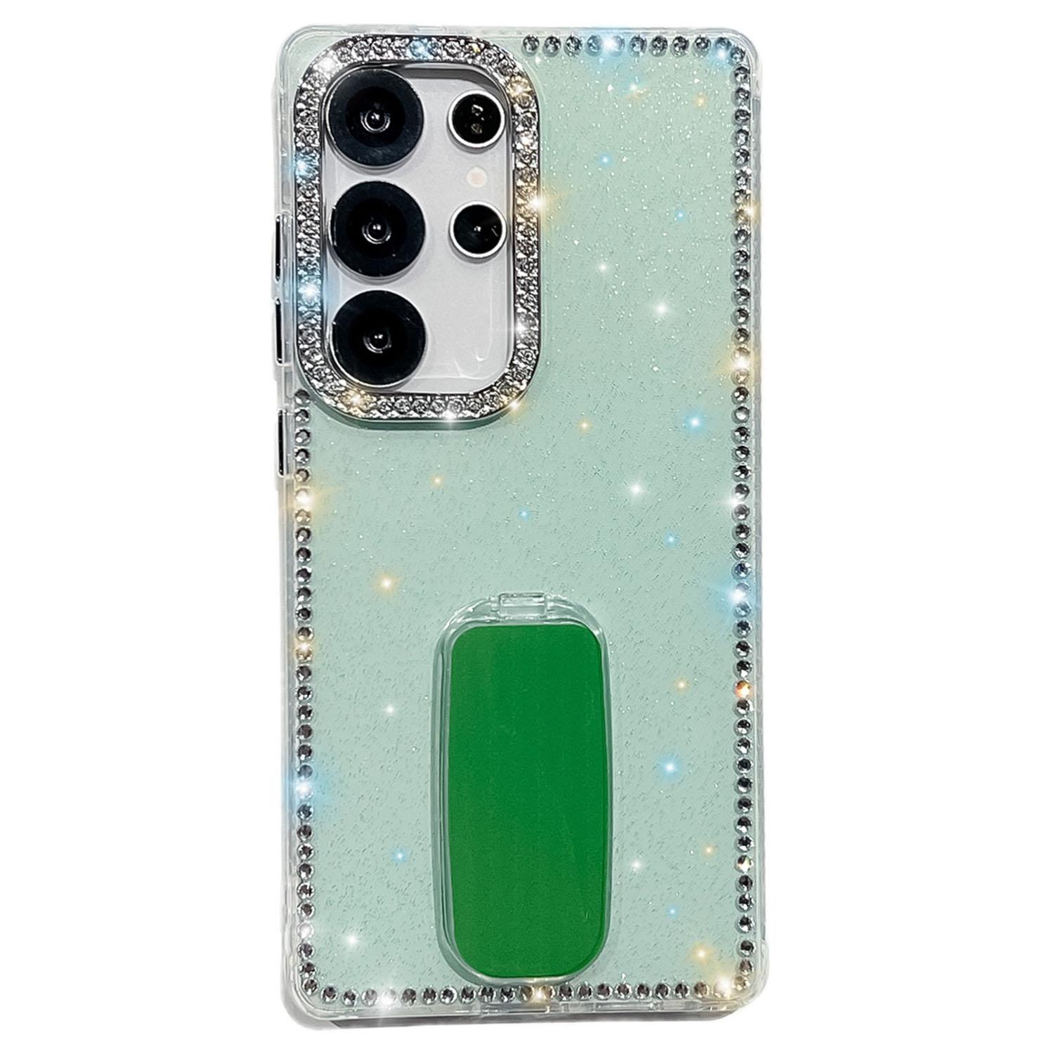 

For Samsung Galaxy S24 Ultra Case with Straight Mirror Kickstand Rhinestone Edge TPU+PC IMD Phone Cover Glitter Light Green