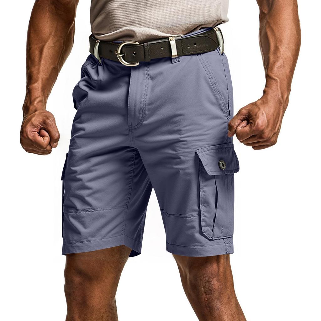 Men's Solid Color Work Pants, Cotton Five Quarter Pants, Retro Washed Multi Pocket Straight Leg Work Pants