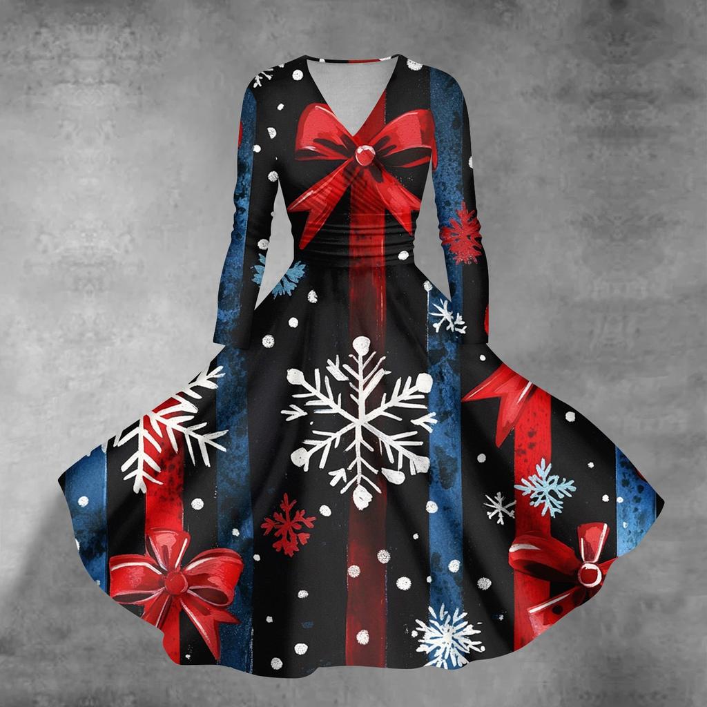 Women's Casual Fashion Christmas Printed Long Sleeve V-Neck Sexy Pocket Dresses