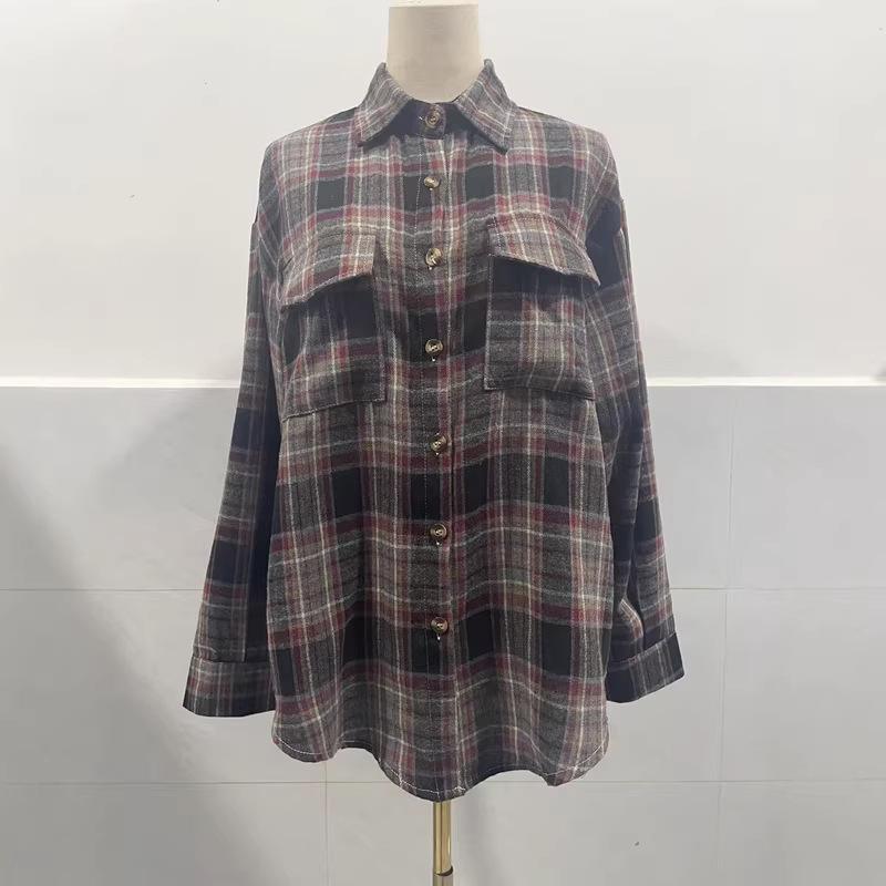 2025 Women's Cross-Border European and American Loose Plaid Pocket Shirt - Autumn/Winter Casual Fashion.
