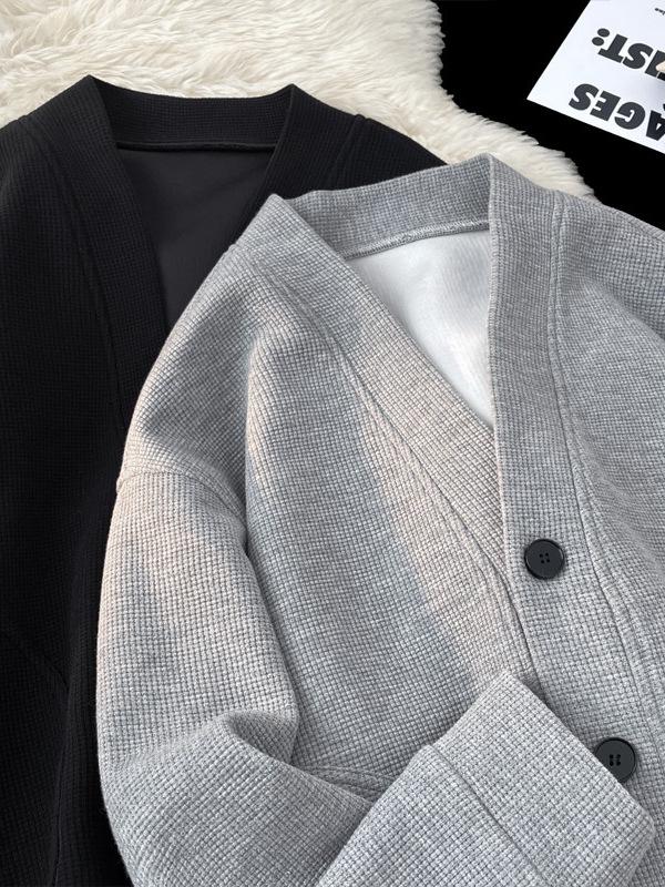 Men's Retro Waffle Knit V-Neck Cardigan Hoodie – Spring/Autumn Heavyweight Loose Casual Jacket.