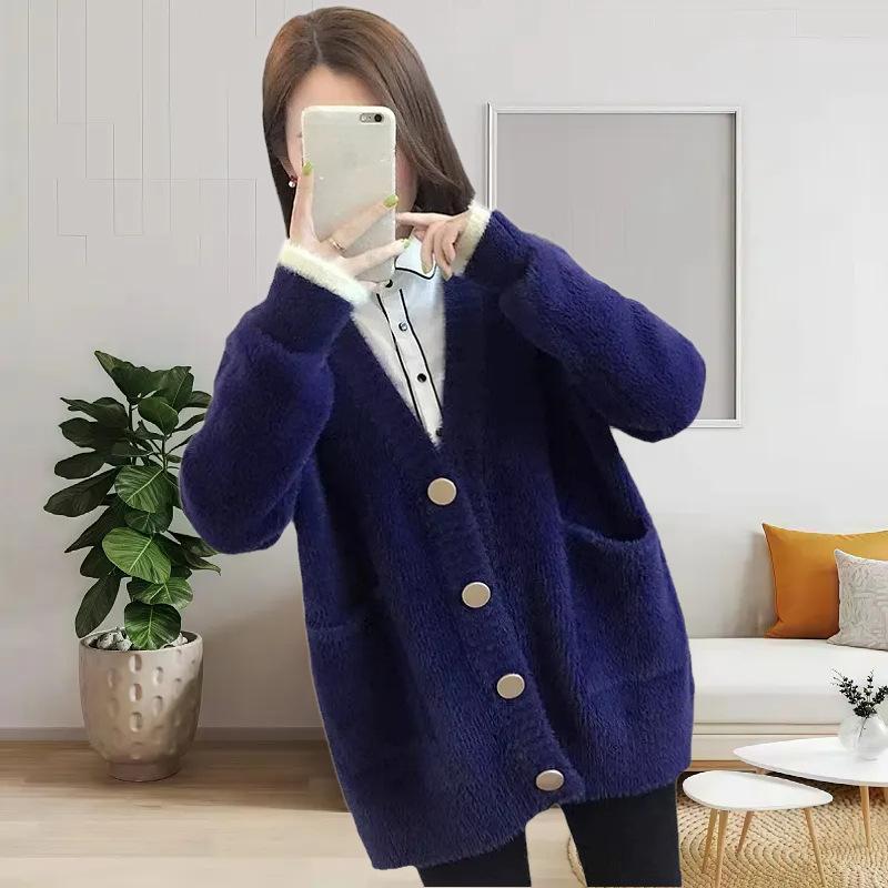 

Модный повседневный свободный свитер из искусственного меха норки, женский осенне-зимний темпераментный элегантный вязаный свитер с карманом от ветра, пальто One size синий