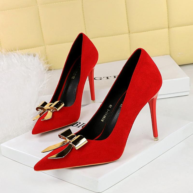 European American Style Banquet High Heels Thin Heels Shallow Mouth Pointed Toe Suede Bow Metal Buckle High Heels Single Shoes
