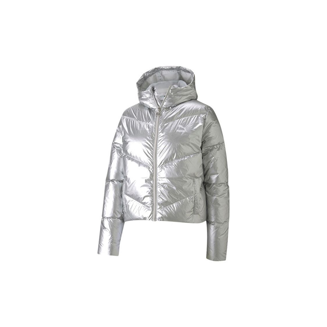 PUMA Women s Metallic Silver Hooded Down Jacket 599144-10 S
