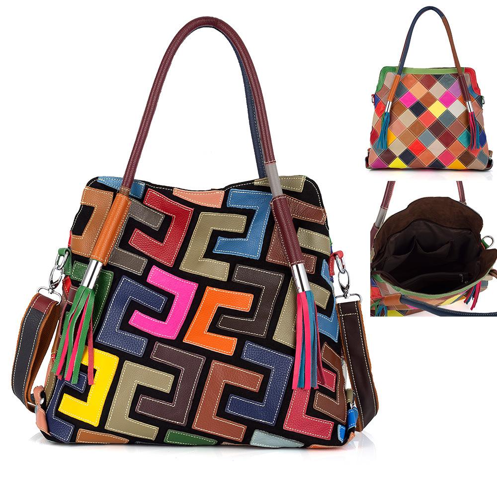 Niche Design Contrasting Color Leather Cowhide Handmade Pattern Tote Bag Shoulder Women'S Bag