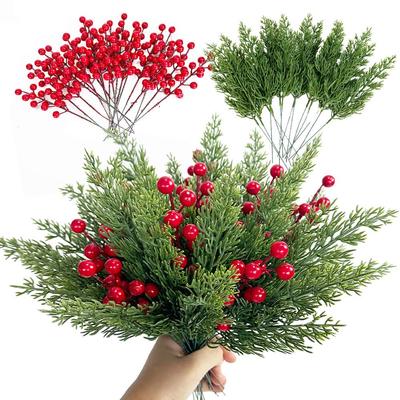 20/40/68pcs Christmas Decorative Flowers Red Berry Stems Artificial Pine Branches Fake Green Plant Pine Leaf Picks DIY