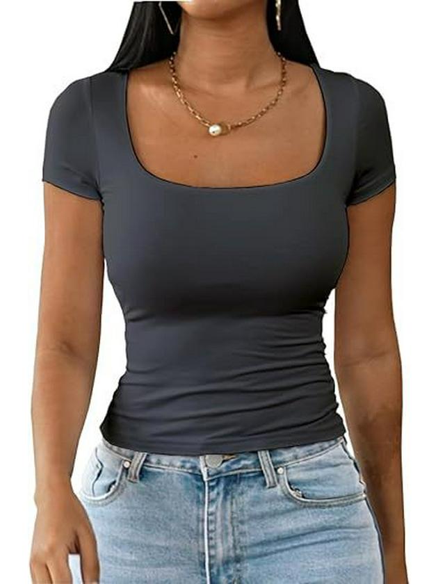 Dames 2025 Sommer U-hals Slim Casual T-skjorte - Kort Ermet Mote Pullover