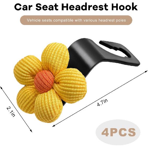 4 PCS Car Seat Headrest Hooks, Cute Flower Vehicle Backseat Hanger Storage Hook, Portable Auto Seat Back Holder Hanging Organizer for Purse Grocery