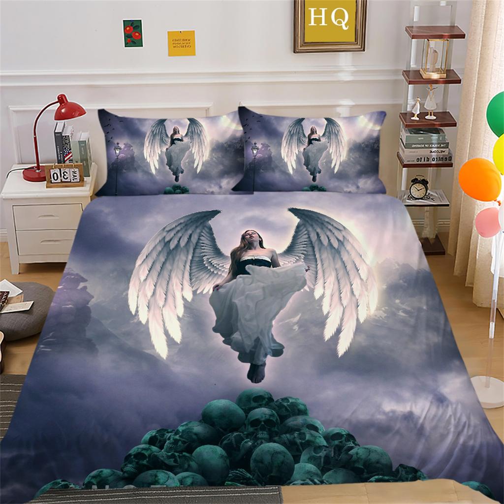 3D Horror Patterned Printed Bedding Set with Skull Head Pattern Down Duvet and Pillowcase 2/3 Pieces Halloween Festive Atmosphere Home Decoration