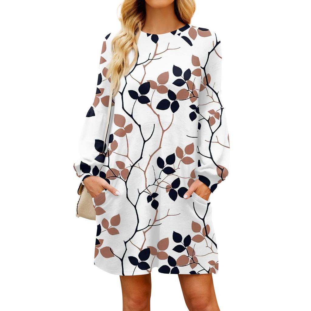 Fashion Women's Defoliation Print Long Sleeve Casual Loose Dress