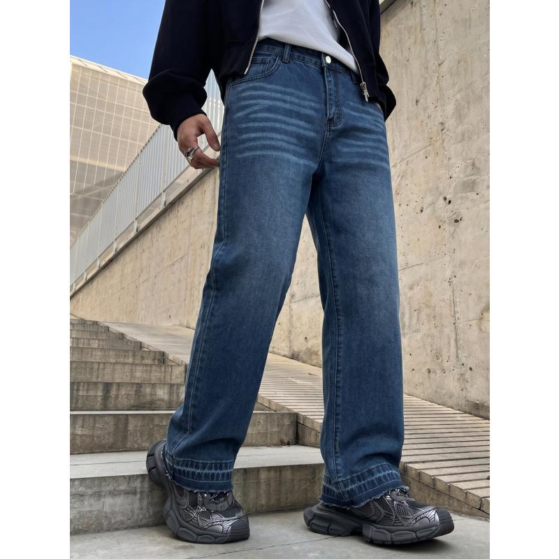 Popular Cat Whisker Washed Wide-leg Jeans Men's Retro Rough Edge Mopping Straight