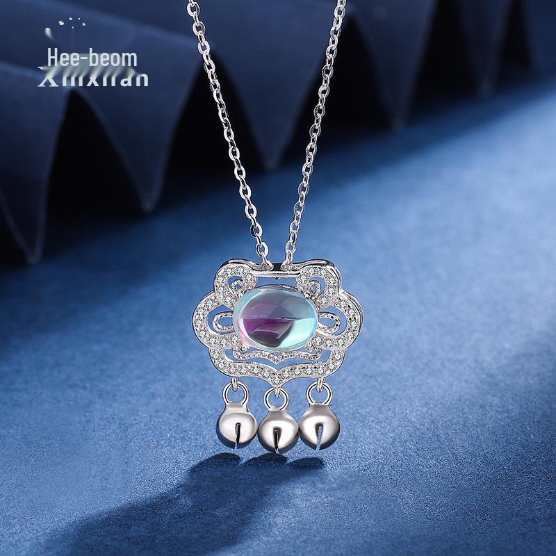 

Женское колье из стерлингового серебра 925 пробы с лунным камнем и замком «Мир и процветание» - Синий кулон долголетия для осени и зимы, цепочка для свитера 925 Silver золотой