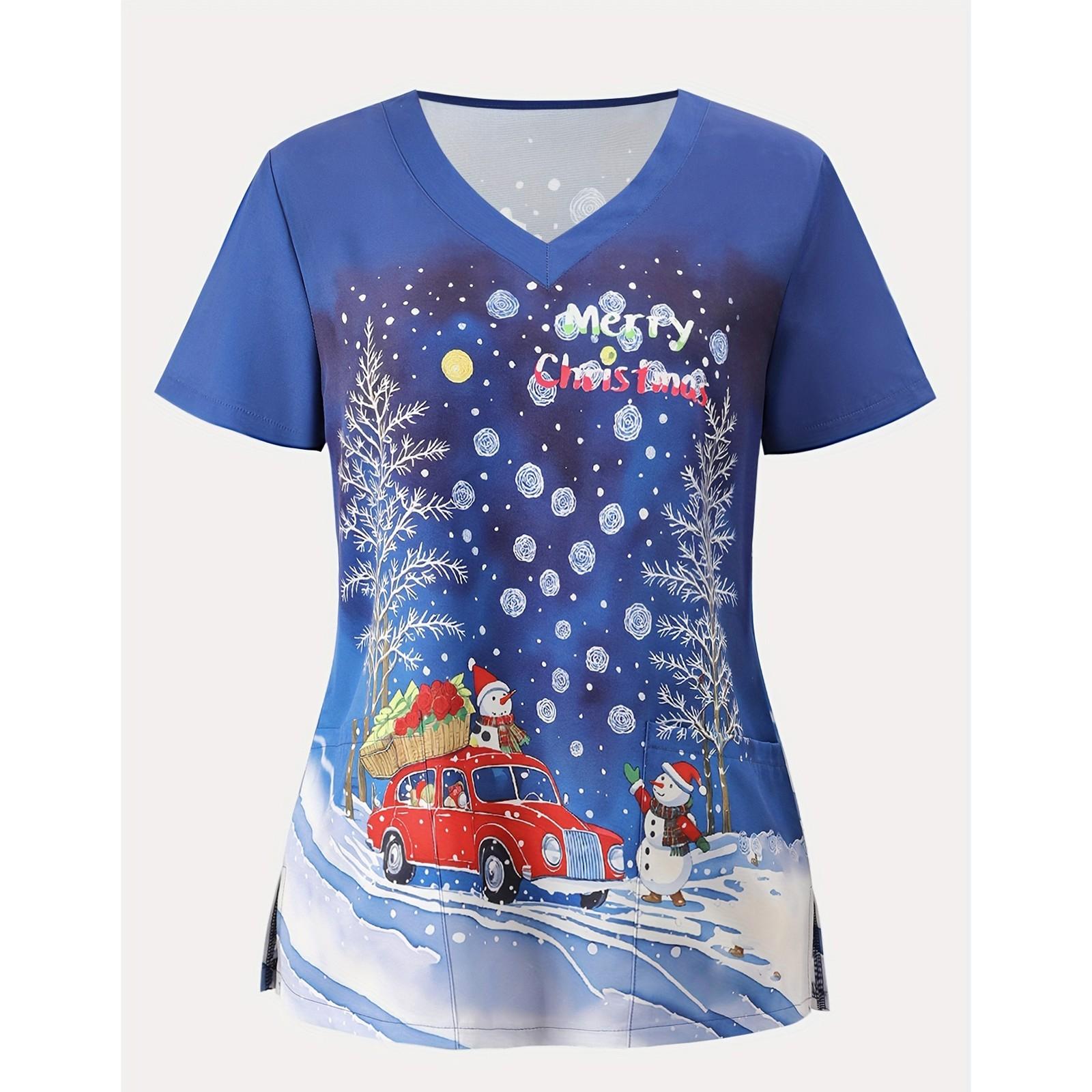 

Женская рабочая униформа с короткими рукавами и принтом, защитная униформа с карманом и V-образным вырезом XL синий