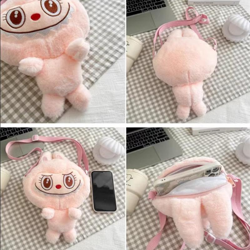 Geantă crossbody nouă Labubu: Geantă de umăr portabilă de pluș de desene animate cu păpușă de pluș și organizator pentru mărunțiș