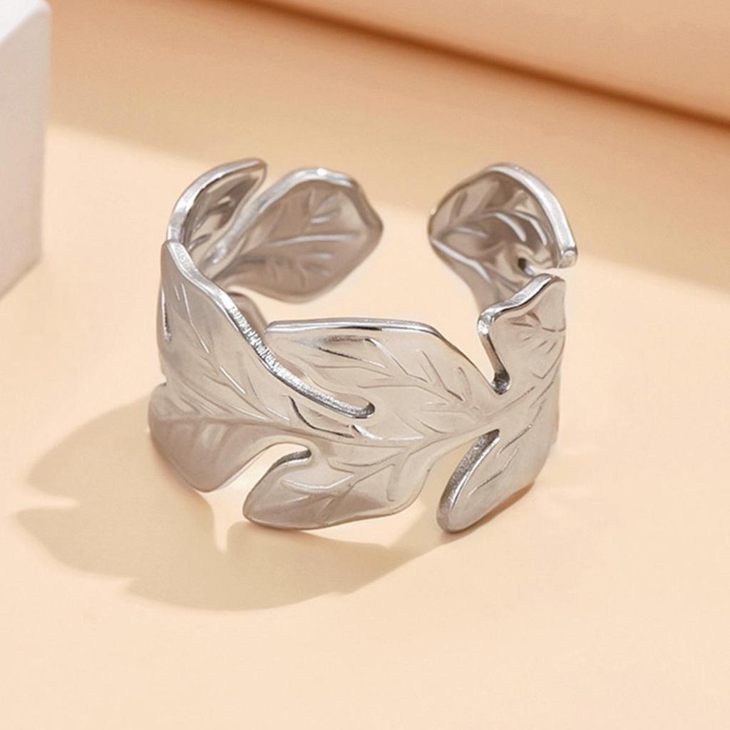 Gold-Plated Stainless Steel Open Ring - Women's Trendy Leaf Design