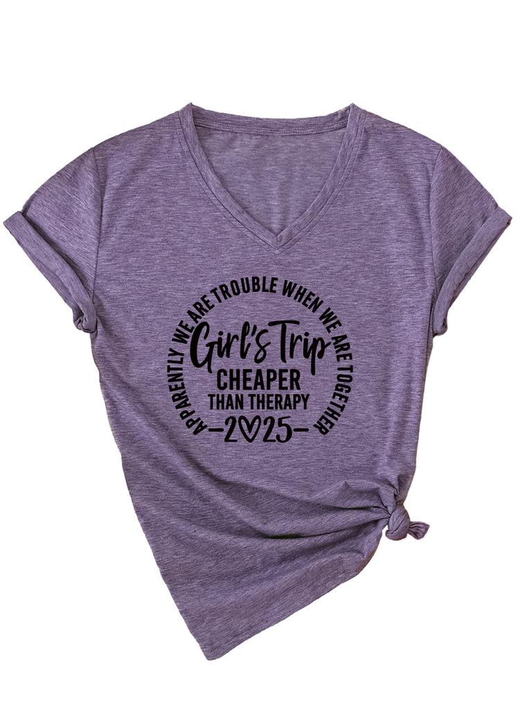 Inspirational Text Printed Top Loose Casual Simple V-neck Short Sleeved Women's T-shirts