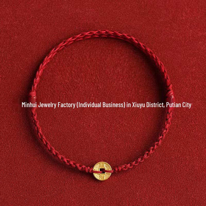 Year of the Horse Gold Wealth Bracelet with Pixiu, Clover Charm, and Red Rope