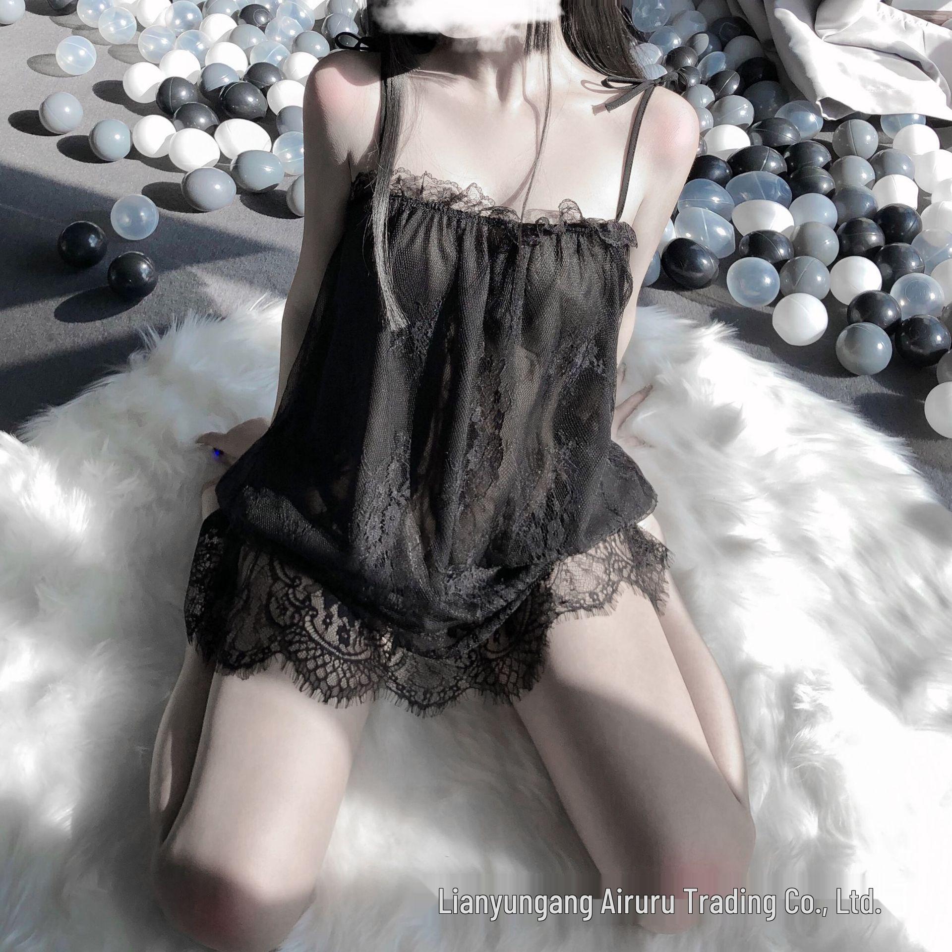 

Элегантный кружевной комплект ночной сорочки большого размера для женщин XXL (80-90 kg) чёрный