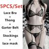 5piece/SET Lace Lingerie Sets for Women See Through Bra and Panty Garter Belt Stockings Panties Sexy Underwear Set