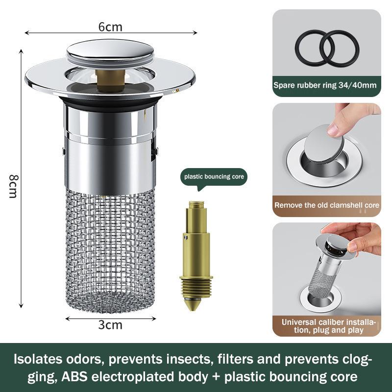 Umyvadlová zátka, proti zápachu, vyskakovací sáček, zátka do umyvadla, lapač vlasů, sítko do sprchy, nerezový filtr, sáček do umyvadla