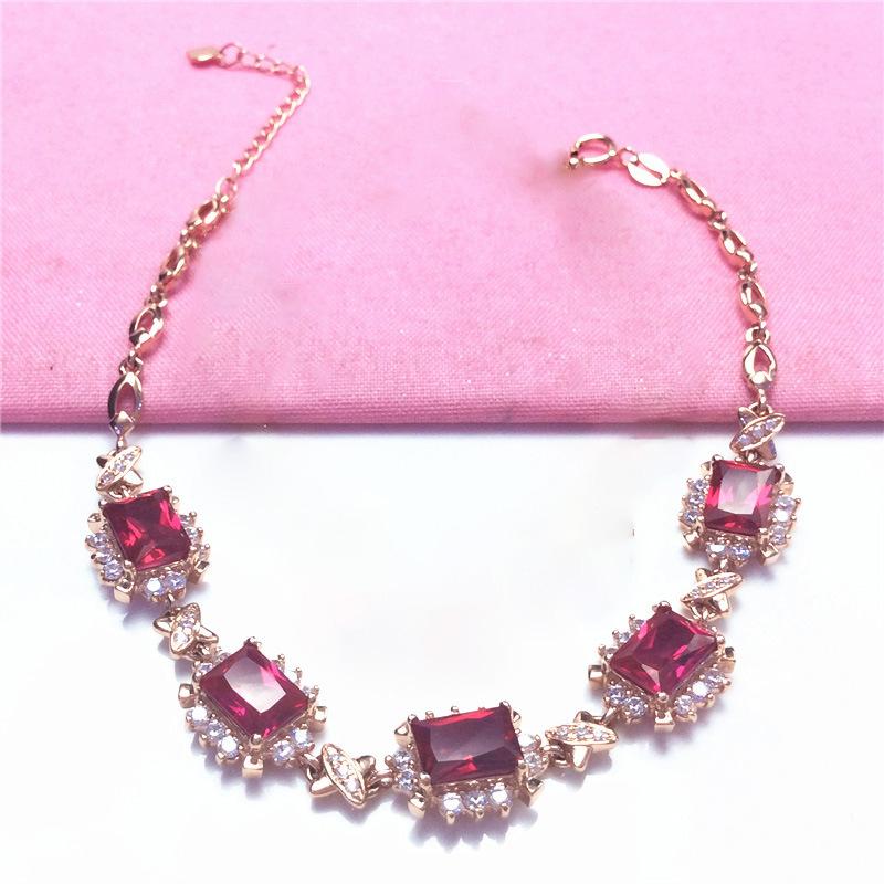 Rose Gold Plated Pure 585 Purple Gold Strong Coarse Chain Square Shiny Red Inlaid Zircon Bracelet