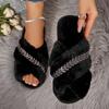 Fashion Crystal Decor Faux Fur Slippers Women Autumn Winter Cross Band Home Slides Woman Comfort Flat Solt Plush Slippers Female