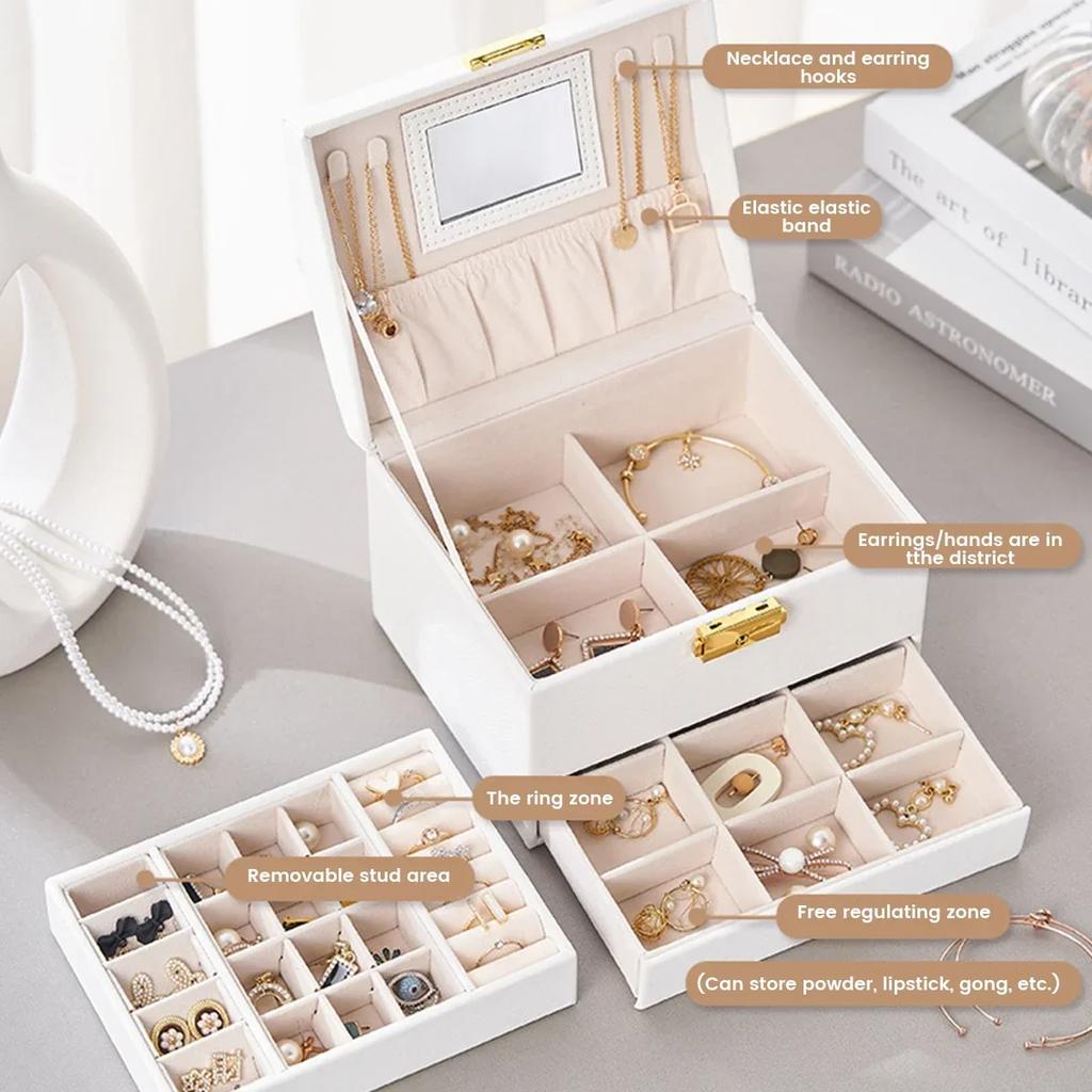 Jewelry Box Organizer PU Leather Jewelry Display Case with Mirror Double Layer Jewelry Storage Holder Case Large Capacity Drawer
