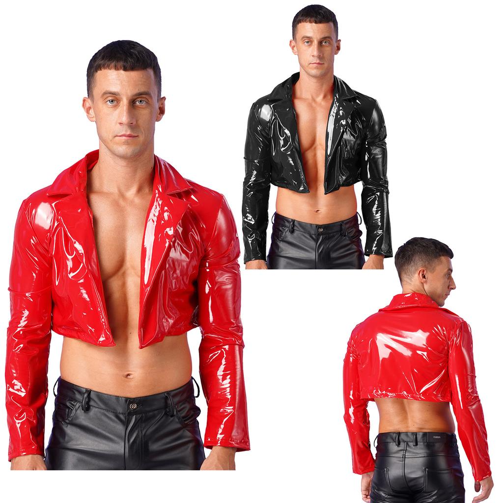 Mens Cropped Motorcycle Jacket Patent Leather Wet Look Long Sleeve Club Party Coat Streetwear