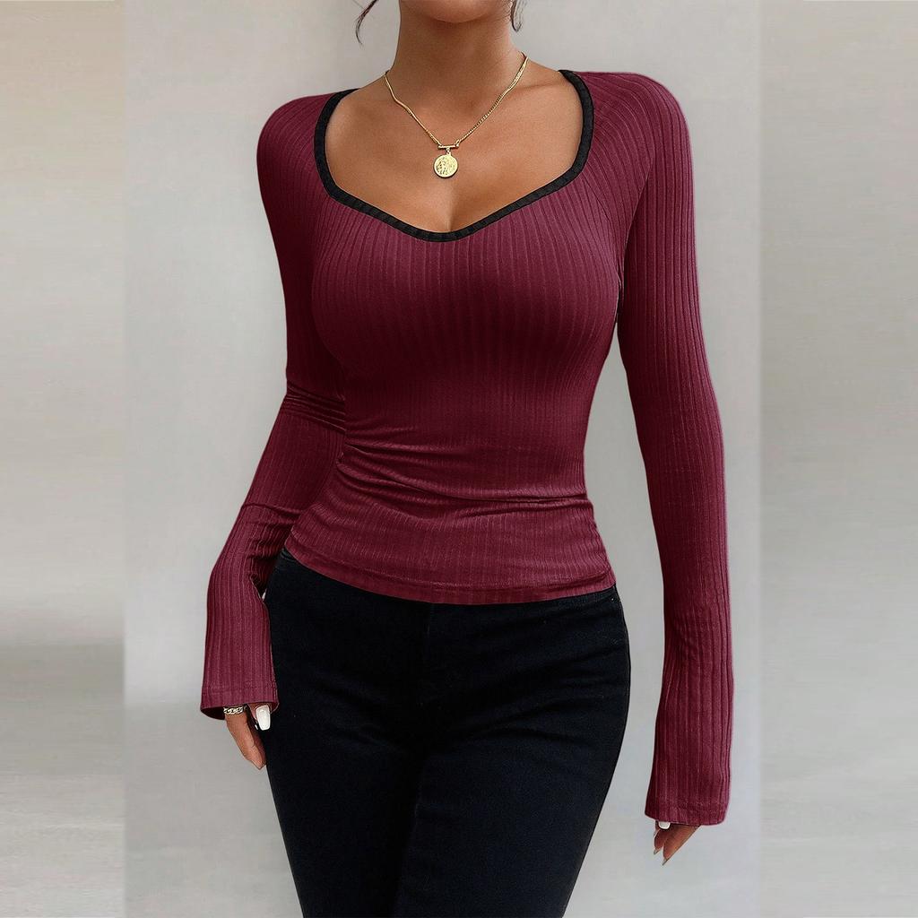 Women's Fashion Long Sleeve U-Neck Knitted Bottoming Top