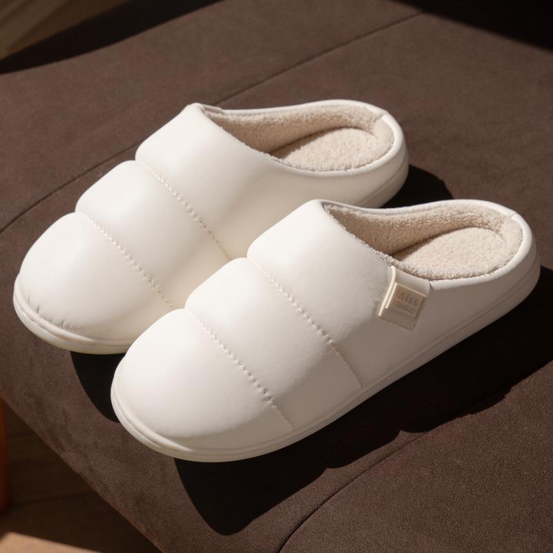 New high-end PU leather simple slippers autumn and winter indoor couple household velvet warm non-slip cotton slippers