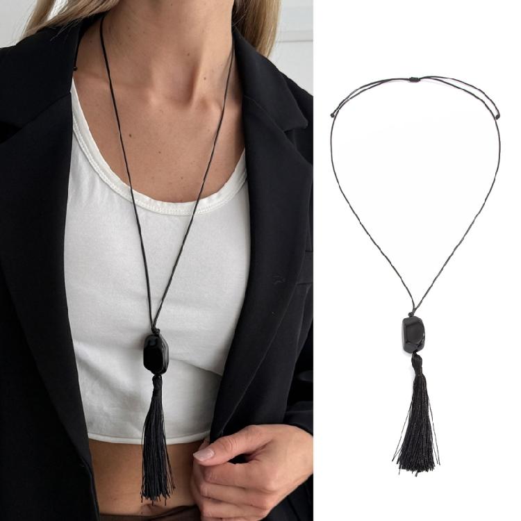 Versatile Black Beaded Pendant Necklace With Movable Fringe And Length For Women And Girls
