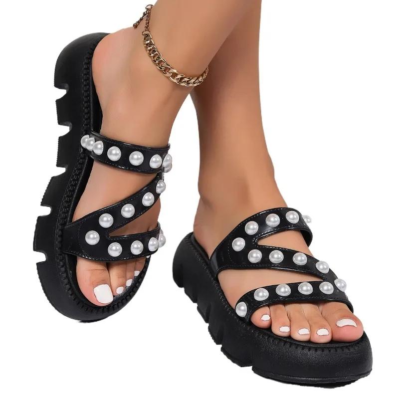 Fashion 2025 Summer New Women’s Platform Sandals Outdoor Pearl Round Toe Flat with Solid Slippers for Beach Casual Slippers ZapatosMujer
