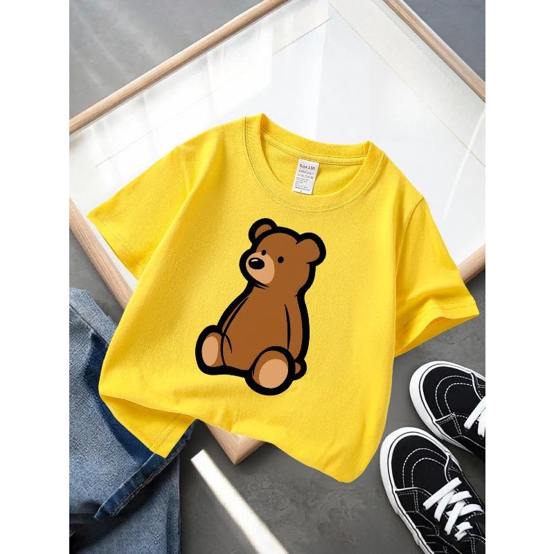 Kids Crewneck T-Shirt, Sitting Brown Teddy Bear Graphic Breathable Casual Summer Short Sleeve Top