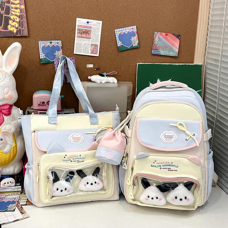 

High-Value College Style Oxford Cloth Backpack for Middle School Girls - Cute Cartoon Doll Design Shoulder Bag without Charm синій