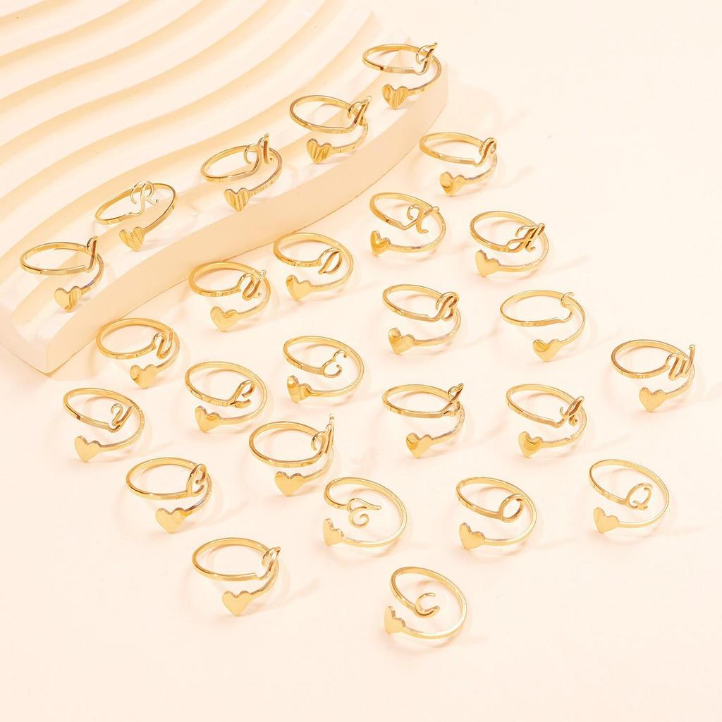 Stainless Steel Heart-Shaped Initial Ring for Women - Fashionable, Adjustable, In Stock