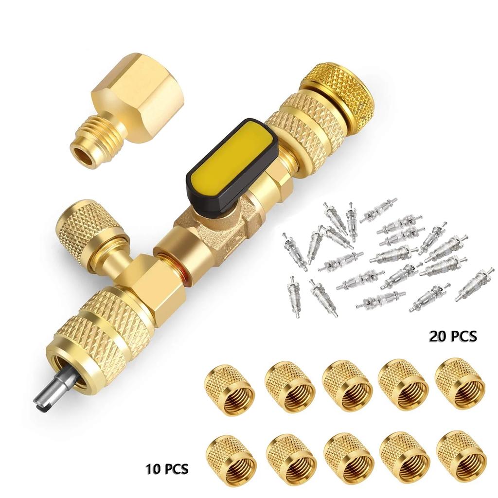 Dual Size 1/4" & 5/16" Port Valve Core Remover Installer Kit Tool with 10PCS 5v1 Valve Cores and Double Head for Refrigerant