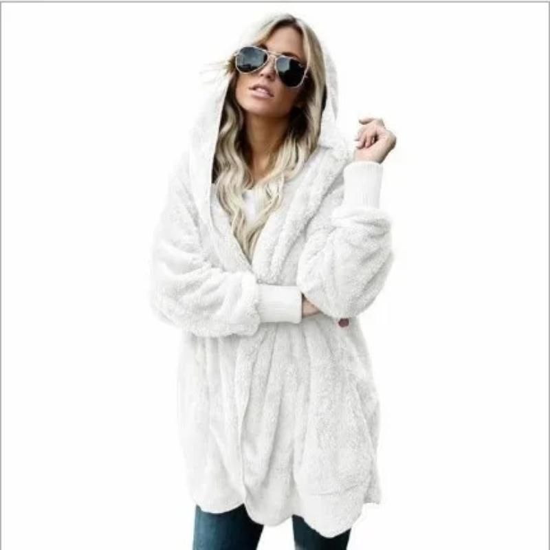 Herbst Winter Doppel Fleece Strickjacke Jacke Frauen Einfarbig Langarm Plüsch Warme Kapuze Dame Jacke Übergroßen Oberbekleidung Mantel