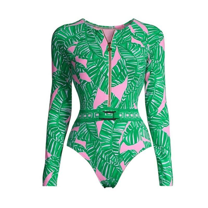 European and American swimwear long-sleeved zipper green printed surf suit women S