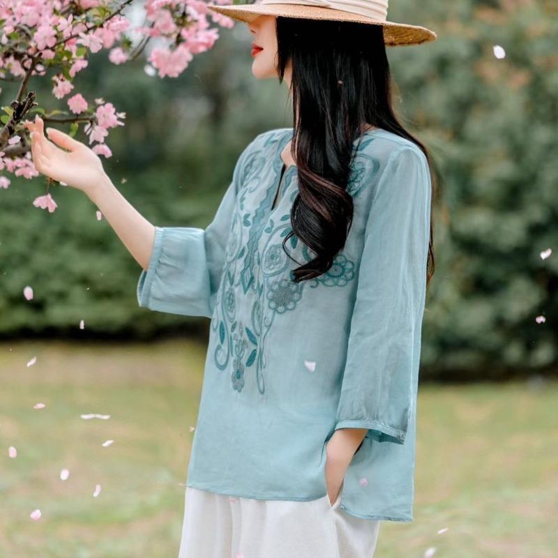 Women S Ramie Shirt 3 4 Sleeve V Neck Embroidered Elegant Top