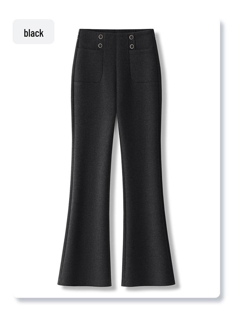 Women's High-Waist Khaki Wool Blend Flared Pants - 2024 Autumn/Winter Style