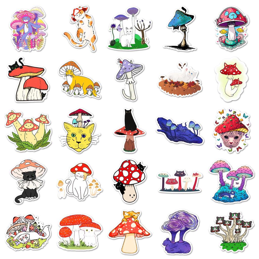 50-Pack Cartoon Cat & Mushroom Graffiti Stickers for Creative Decoration on Water Bottles & Phone Cases